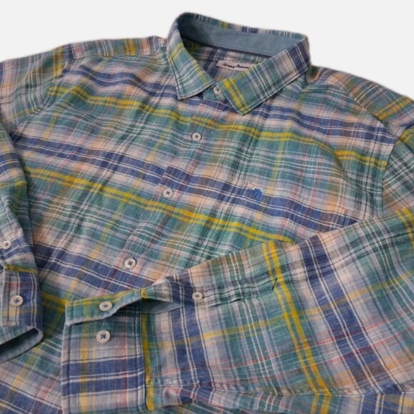 Tommy Bahama Shirt Mens XXXL Island Zone Linen Plaid Reverse Print Flip Cuff - Picture 1 of 10